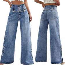 Womens High Waist Jeans Casual Denim Pants Wide Leg Trousers
