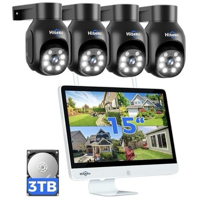 Hiseeu kabelloses Überwachungskamerasystem mit 15'' Monitor 3MP + 3TB Festplatte