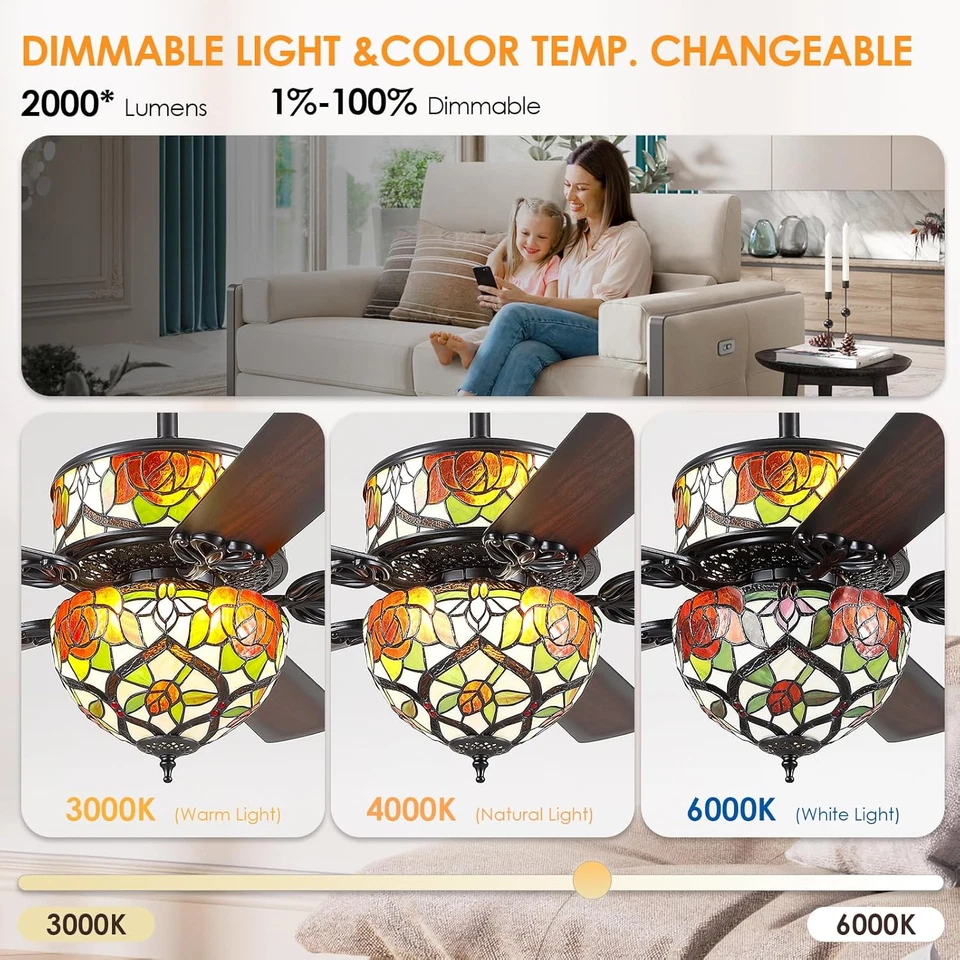 Tiffany Ceiling Fans with Lights - 52" Black Ceiling Fan Chandelier with 5 Dual- - Image 3 of 4