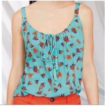 Cabi Palm Leaf Print Tassel Tank Top Blue EUC, Size Medium