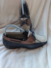 Image of Hotter Breeze leather boat shoes in a navy, tan, and cream size 5