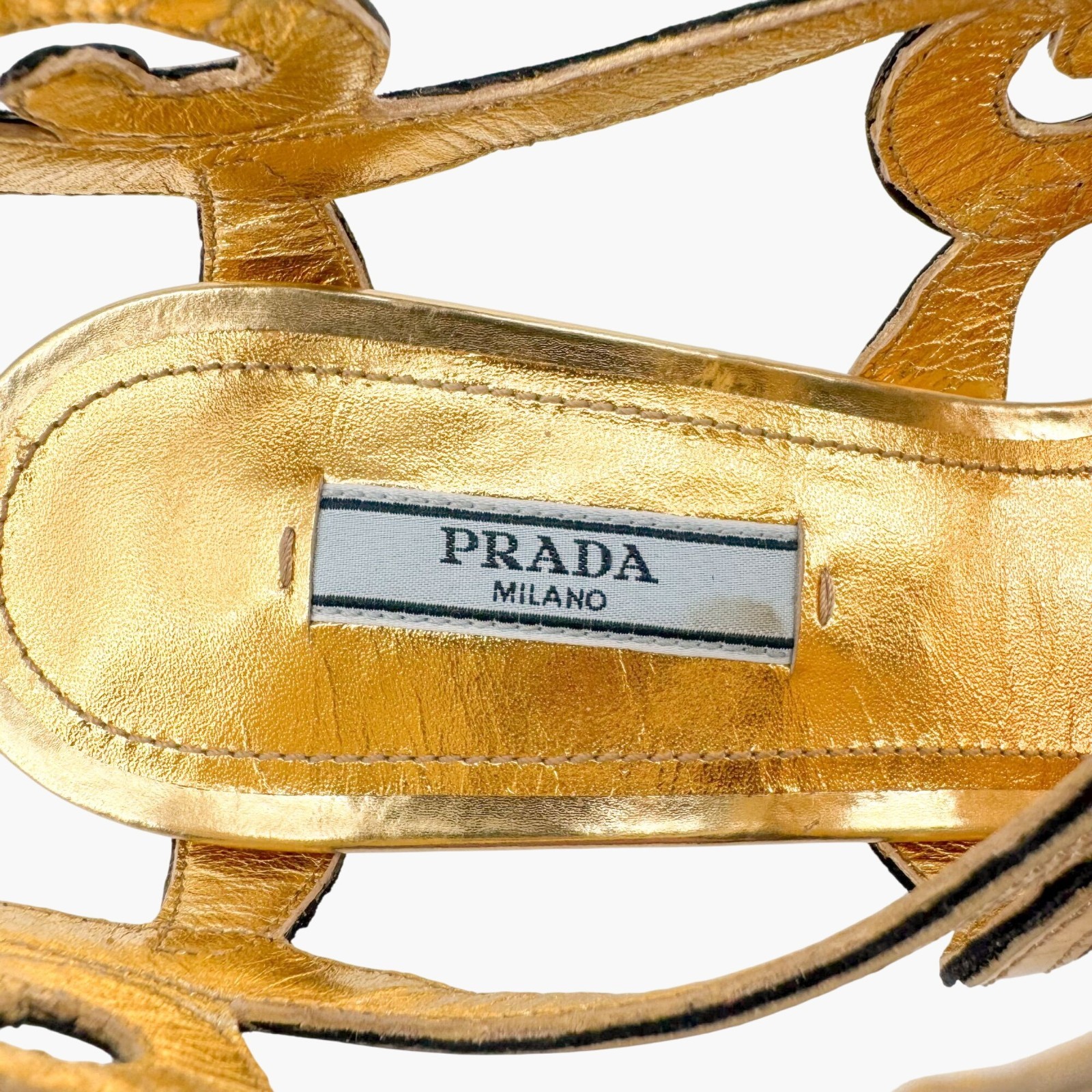 Prada Baroque Gold Caged Sandals Size 37.5 US 7.5 Cutout Metallic Leather Heels thumbnail 15