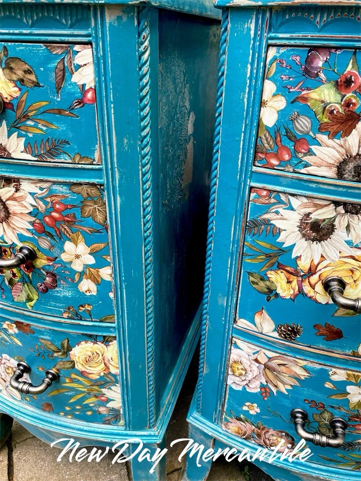 Mesas auxiliares vintage Boho Luxe verde azulado pintadas con transferencias envejecidas 3 cajones Foto 3 de 4