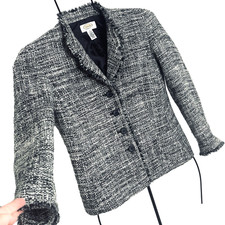 Talbots Petites Tweed Blazer Jacket Size 2 Wool Nylon Button Front Fringe 2P