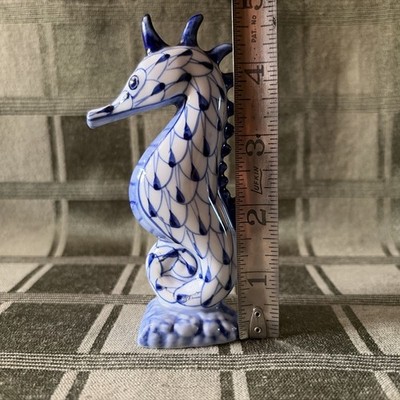 Andrea By Sadek Blue & White Fish Net Herend Style Porcelain Seahorse Nautical