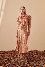 Celia B Silk Satin Ruched Floral Midi Dress Pink Green Long Puff Sleeve