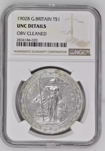 1902-B GREAT BRITAIN Trade Dollar Silver Coin Bombey Queen Victoria NGC UNC Det
