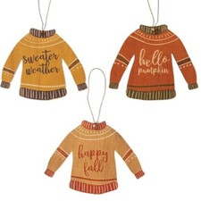Fall Sweater Wood Ornaments Set of 3 Hello Pumpkin Sweater Weather Happy Fall