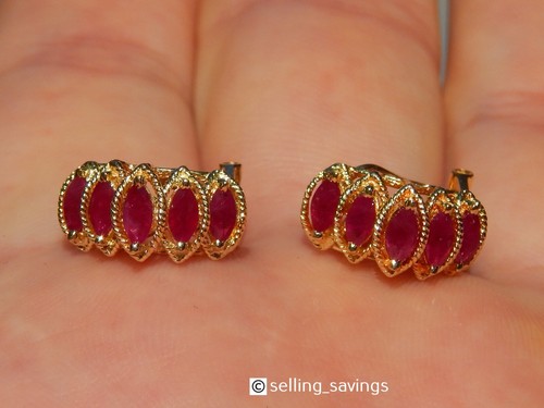 14K YELLOW GOLD 1.50 TCW RUBY THREE TIER 6/10th INCH OMEGA BACK EARRINGS - Picture 7 of 11