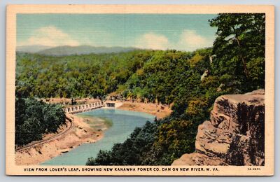 Linen~West Virginia~Lovers Leap View New Kanawha Power Co Dam~1933 Postcard