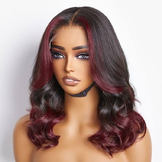 Remy Human Hair Wig Long Wave Highlight Black Wine Red Pre  display picture 3
