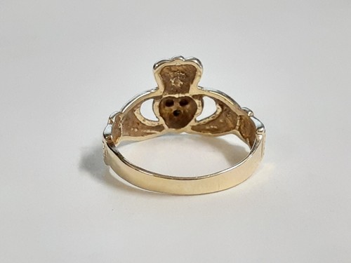 (RI4) Anello Claddagh in oro giallo 10 kt con pietra verde (1,7 grammi) misura 5 - Foto 5 di 7
