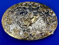 Saddle Bronc Western Beautiful Silver Strike Ornate Two Tone Belt Buckle