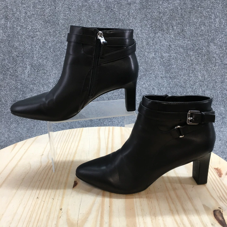 Chaps Boots Womens 9 B Ankle Bootie Black Leather Side Zip Casual Block Heels - Image 2 of 4