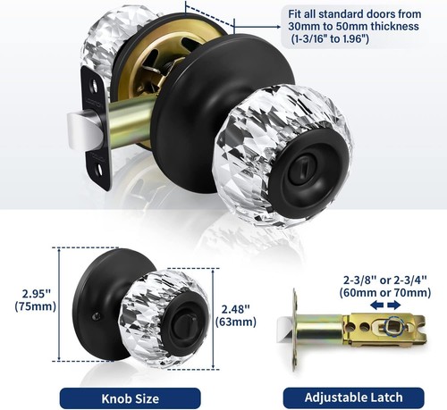 Privacy Crystal Interior Door Knobs, KEYLESS Glass Door / 3 Pack Black/ Pictures - Picture 7 of 14