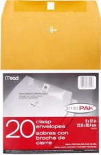 Mead Clasp Envelopes, 9" x 12", Brown Kraft, Office Pak, 20 per Box (76020)