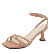 Tan Strappy Square Toe Asymmetric Heel
