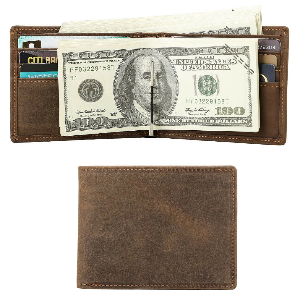 Mens Full Grain Leather Bifold Wallet Money Clip Card Holder Purse Travel Wallet