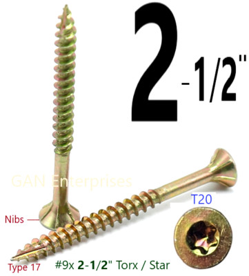 2-1/2'' Torx T20 Star Flat Head W/Nibs Yellow Zinc Type 17 Outdoor Wood Screw 40p