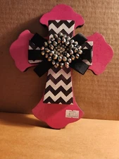 Wall Decor Cross Pink, Black/White Stripes, Jewels at Center 7" long, 6" across