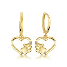 Yellow Gold Dog Paw Print Heart Drop Huggie Hoop Earrings