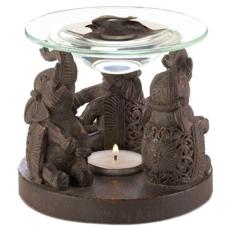 CARVED-LOOK THREE ELEPHANTS OIL WARMER WITH BASE THAT HOLDS TEALIGHT CANDLE