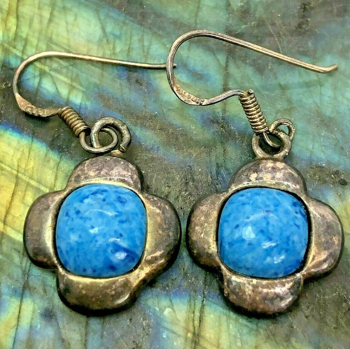 Vintage Sterling Silver 9mm Blue Stone Dangle Flower Earrings 5
