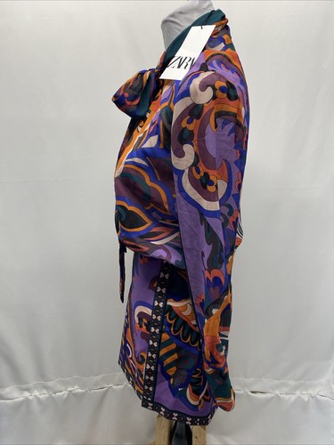 ZARA Womens XS Bold Multicolor Batik Bow Neck Mini Dress - Picture 8 of 17