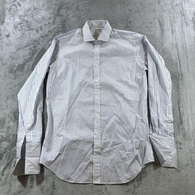 T.M.Lewin Dress Shirt Mens 16.5 36 White Blue Stripe Lewin 100 Slim Fit Cotton