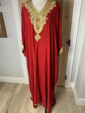 VTG 1960s Red  Gold Embroidered Kaftan   One Size Bohemian Boho Dress Hippie