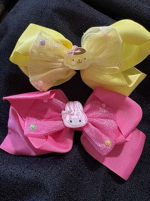 Sanrio Pompompurin & My Melody Hair Clips Yellow Pink Bow Beaded Set
