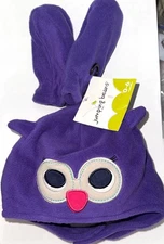 JUMPING BEANS fleece hat/mittens set purple/pink OWL motif size 0-6 months