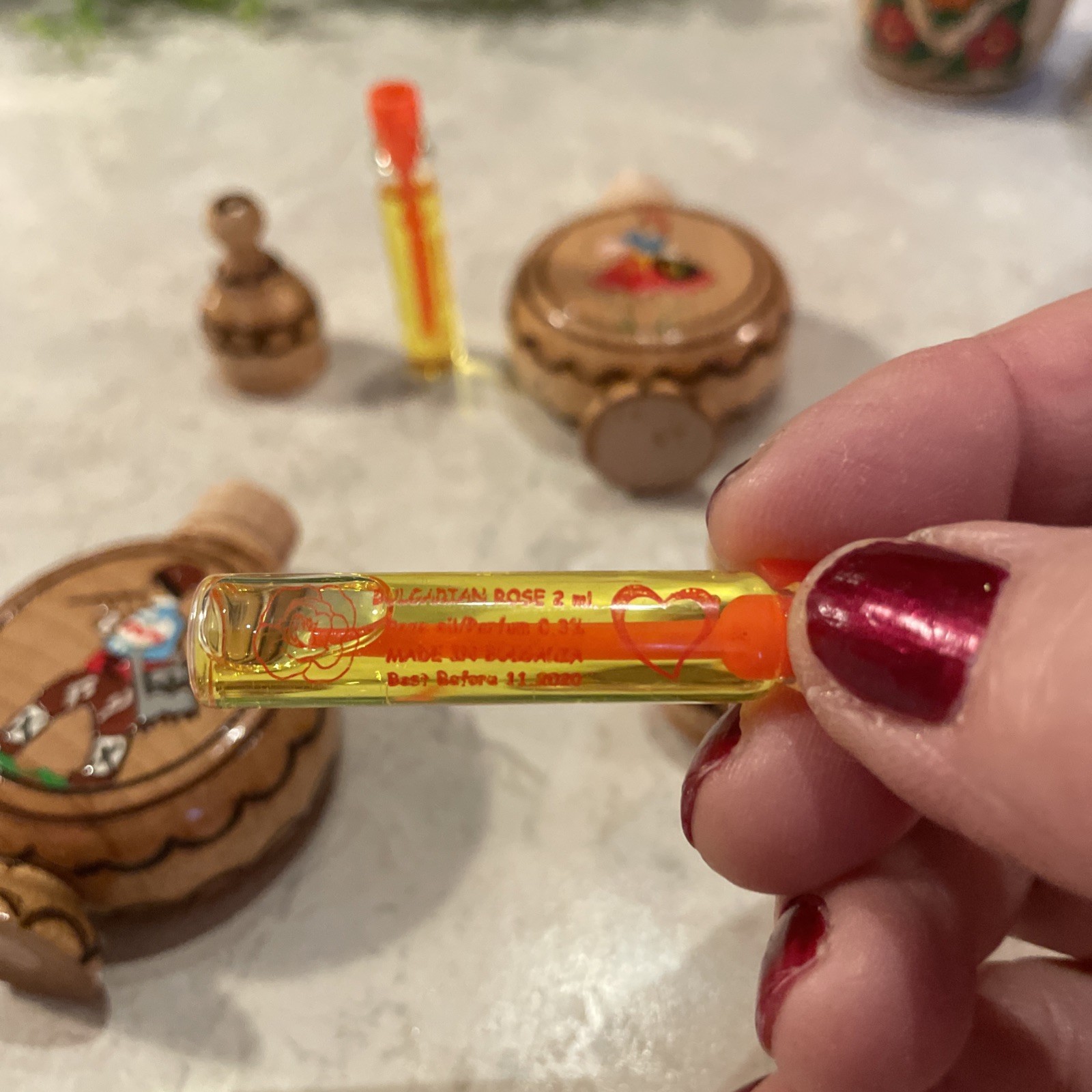 Vintage Bulgarian Small Wooden Bottles With Perfume Holders Folk Motif Set Of 2