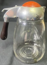 Vintage Large Glass Syrup Pitcher with Black Handle & Orange/Red Lid