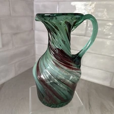 Blown Glass Teal with White Swirl 5" Vintage Pitcher Vase  Applied Handle Summer