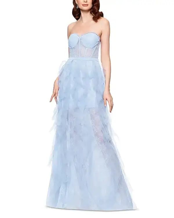 Aqua Strapless Lace Tulle Ruffle Gown SIZE 12 ~ MSRP $308