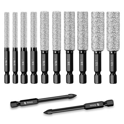 12x Dry Diamond Drill Bits & Tile Drill Bit Set 1/4'' Hex Shank for Ceramic Glass