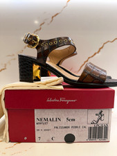 Salvatore Ferragamo Women  s Brown/Gold Leather Strappy Ankle Sandals Size 7C NIB