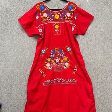 Vintage Oaxaca Dress Womens XL Red Floral Embroidered Mexican Caftan Midi