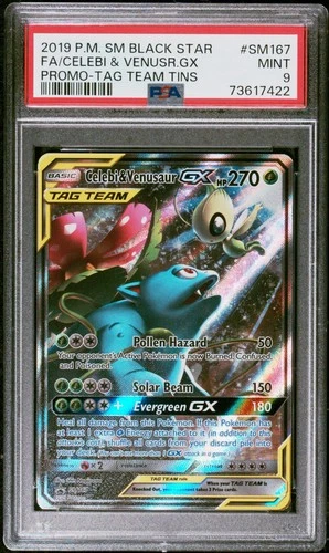 2019 Pokemon Celebi & Venusaur GX Tag Team Black Star Full Art Promo SM167 PSA 9