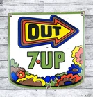 VINTAGE OUT 7 UP 7x7" SODA POP DOOR PUSH PLATE OIL GAS PUMP COKE PORCELAIN SIGN