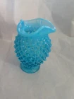 Vintage Fenton Blue Opalescent Hobnail Ruffled Edge Bud Vase