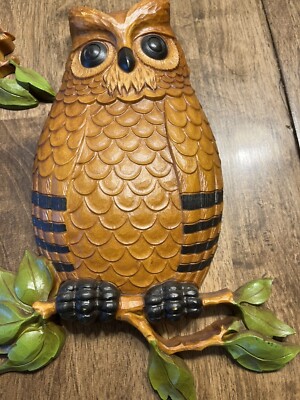 Vintage 1970's Set of 2 Homco Owls On Branches Hanging Wall