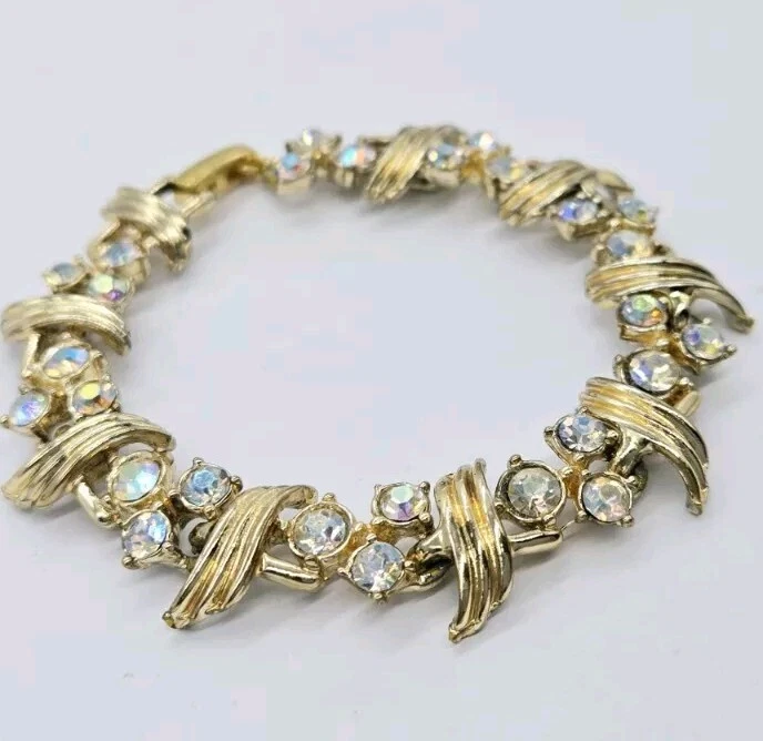 Pulsera Tenis Cristal Blanco Estrás Tono Dorado 7 pulgadas Texturizado Vintage Foto 4 de 4