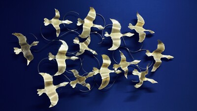 50  Mid Century Brutalist Abstract Brass Birds Flight Metal Wall Art Sculpture