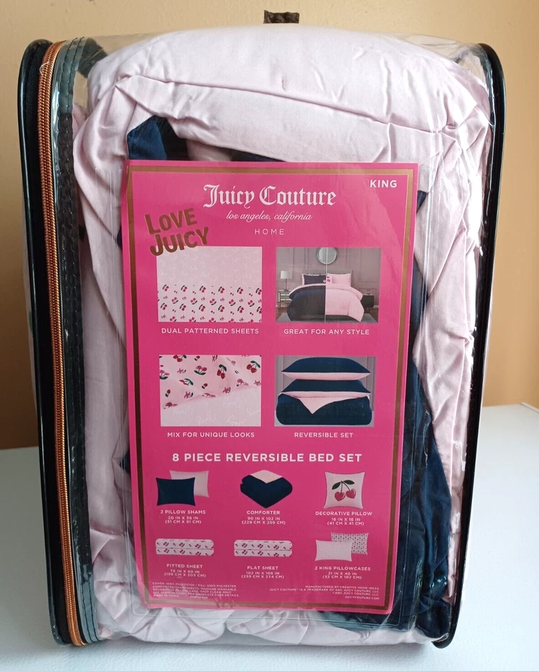 Juicy Couture Reversible 8 pc "Cherry" KING Comforter Bed Set Pink/Blue/Green - Image 4 of 4