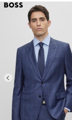 Hugo Boss Navy Blue Windowpane Wool Slim Fit Two Button Suit Size