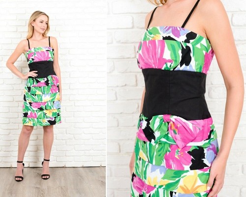 Vintage 80s Green + Pink Retro Dress Bow Tiered XS