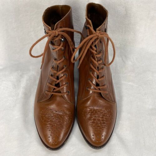 Etienne Aigner Brown Leather Ankle Boots Womens 7.5 Lace Up Combat Booties-flaw - Picture 2 of 17