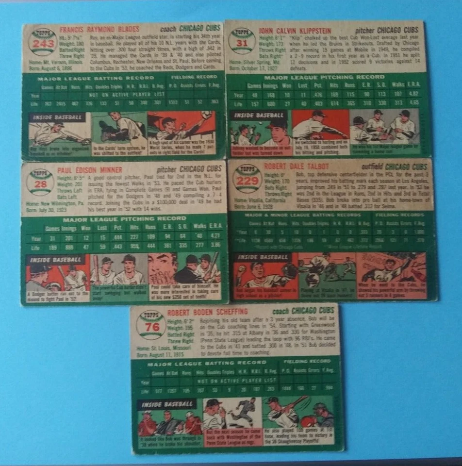 Lote de 5 cartas 1954 Topps Baseball (Johnny Klippstein/Bob Scheffing) (Chicago Cubs) Foto 4 de 4